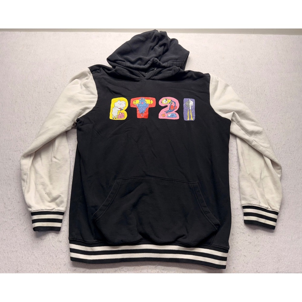 BT21 Graphic Hoodie Mens Medium Black White Striped Varsity K-Pop Sweatshirt